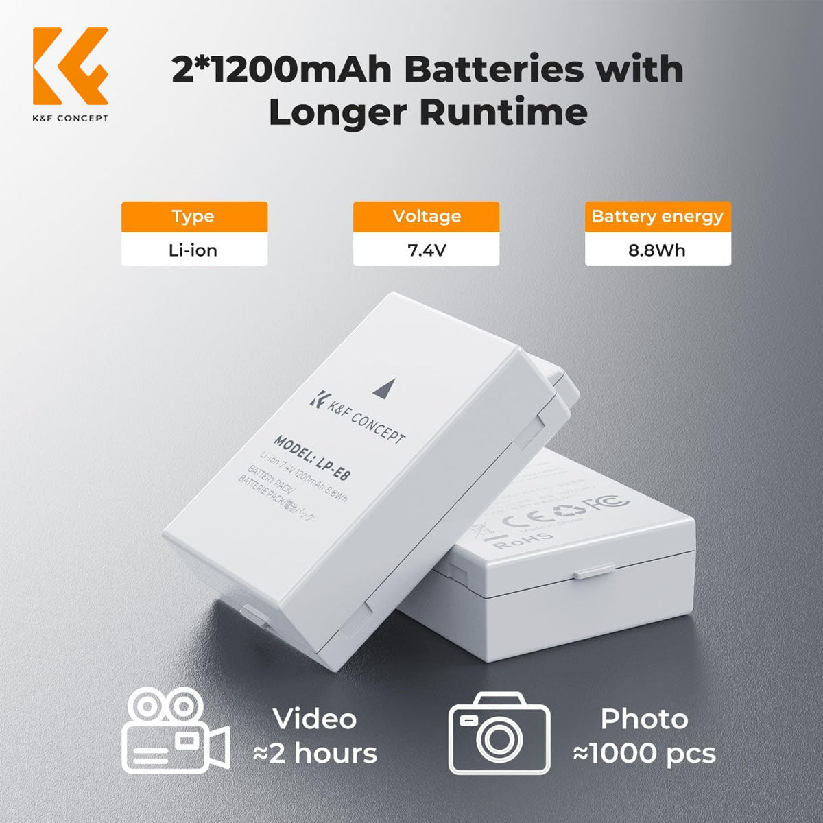 E- K&F LP-E8 2Bateria 1Cargador